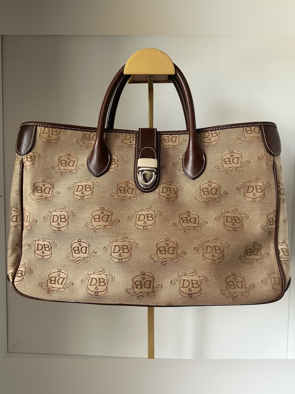 Dooney & Bourke Tan Signature Canvas Tote with Brown Leather Trim
